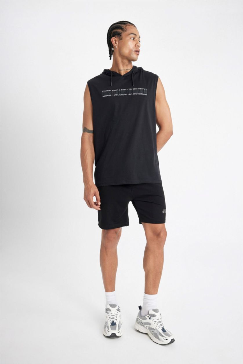 MAN Black DeFactoFit Slim Fit Printed Hooded Sleeveless T-Shirt