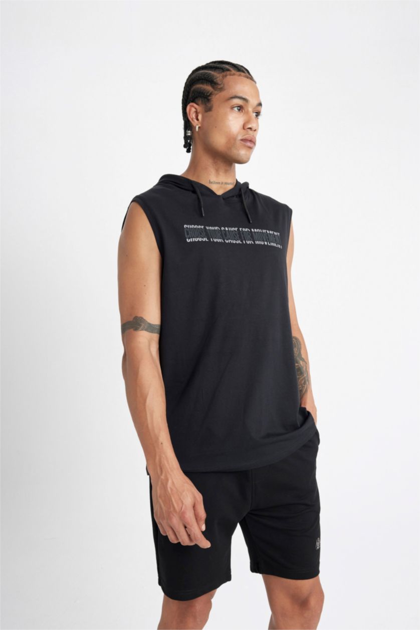 MAN Black DeFactoFit Slim Fit Printed Hooded Sleeveless T-Shirt