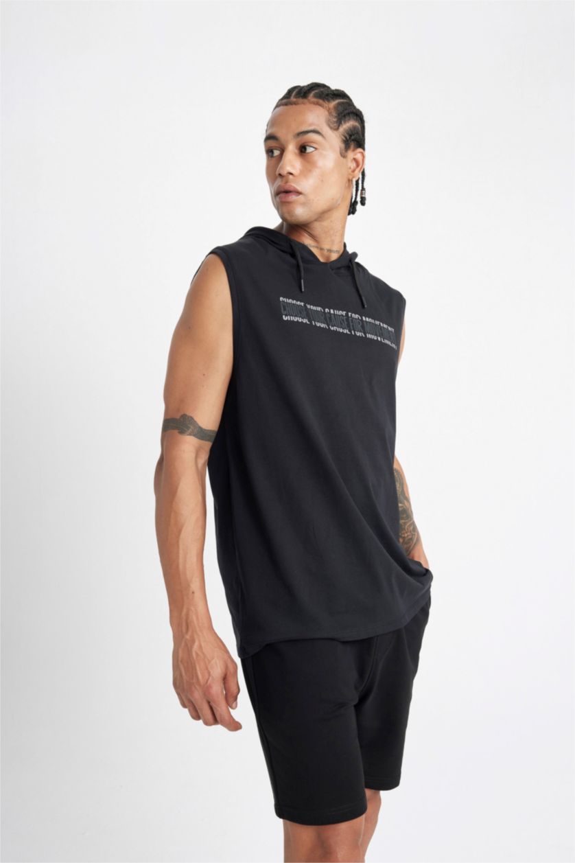 MAN Black DeFactoFit Slim Fit Printed Hooded Sleeveless T-Shirt