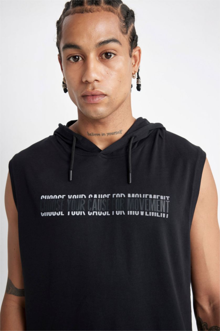 MAN Black DeFactoFit Slim Fit Printed Hooded Sleeveless T-Shirt