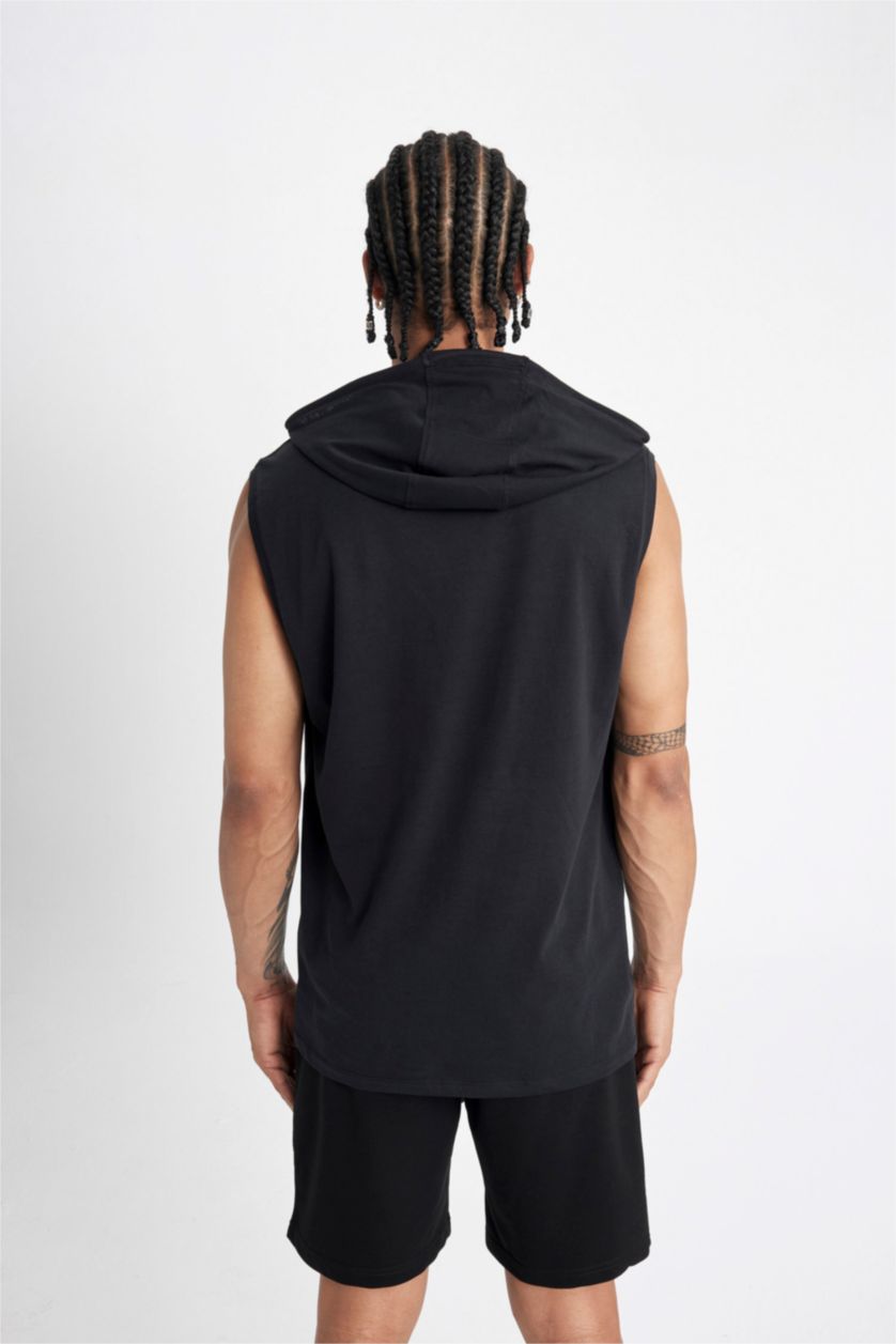 MAN Black DeFactoFit Slim Fit Printed Hooded Sleeveless T-Shirt