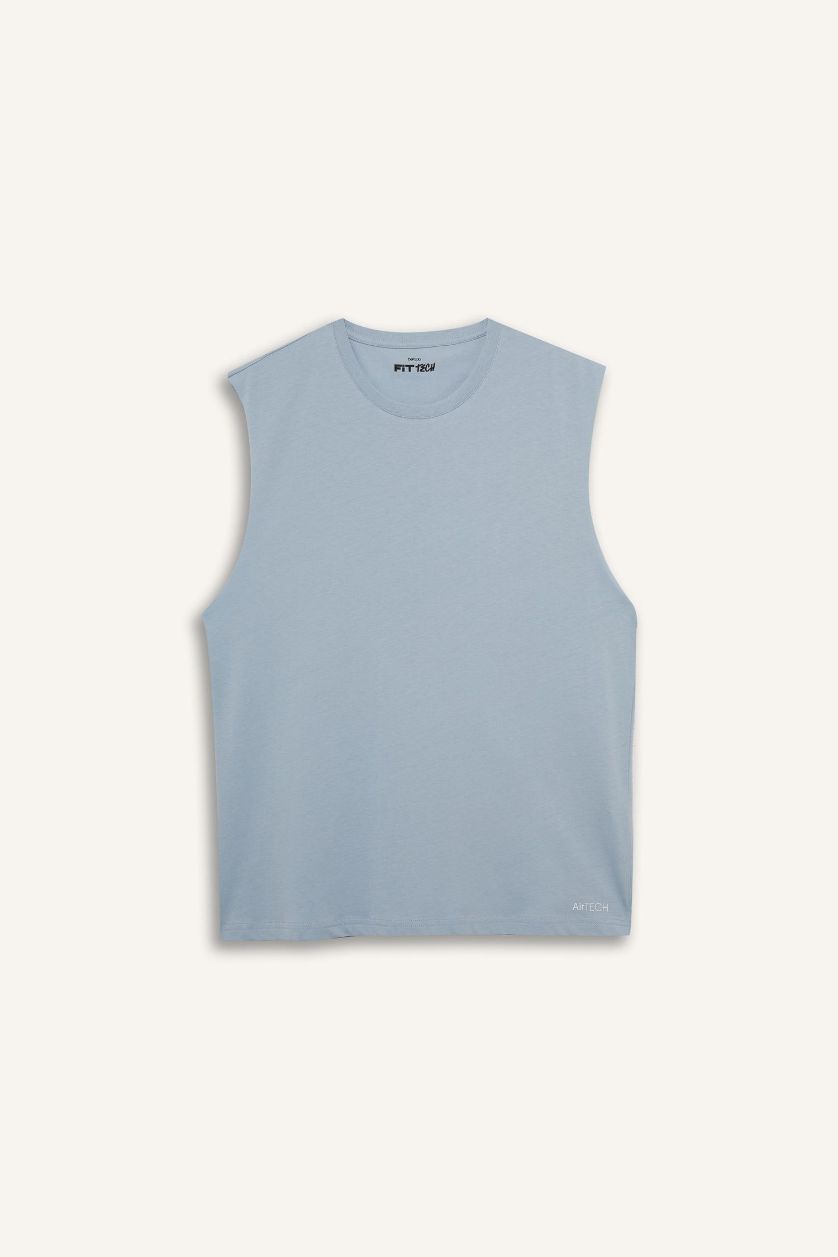 Erkek Mat Mavi Boxy Fit Bisiklet Yaka Sporcu Atlet