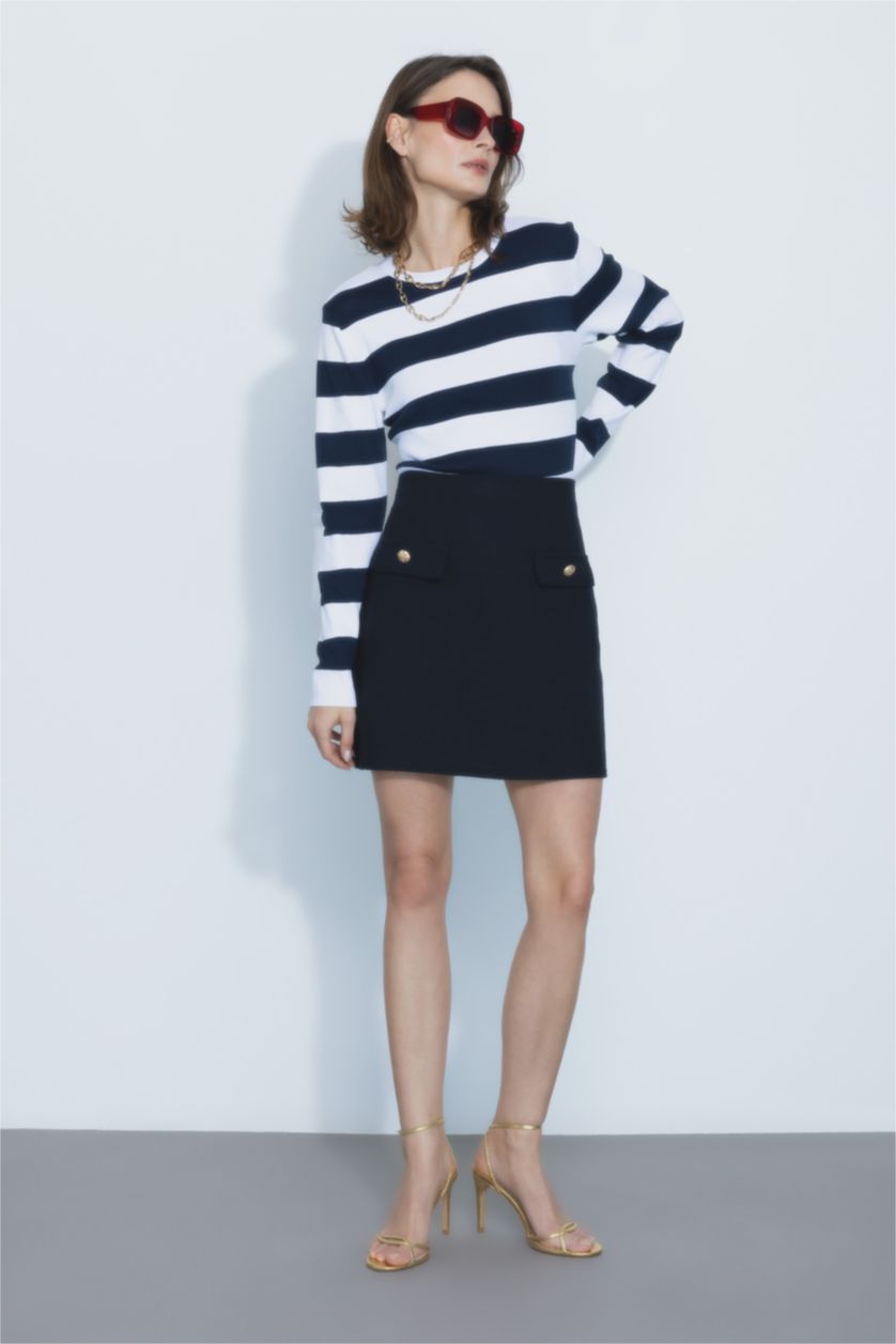 Kadın Lacivert A Kesim Normal Bel Astarlı Tweed Mini Etek