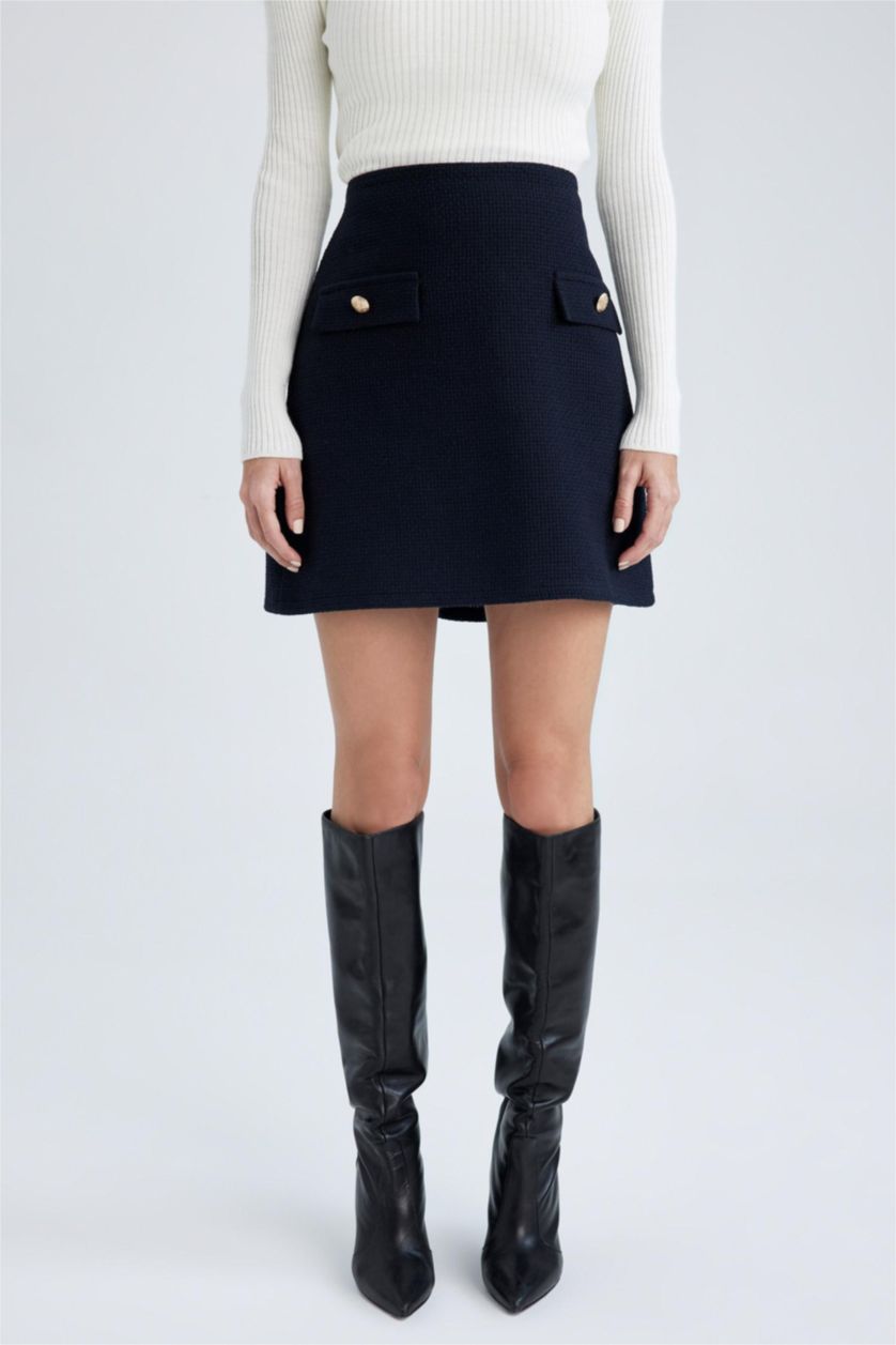 Kadın Lacivert A Kesim Normal Bel Astarlı Tweed Mini Etek