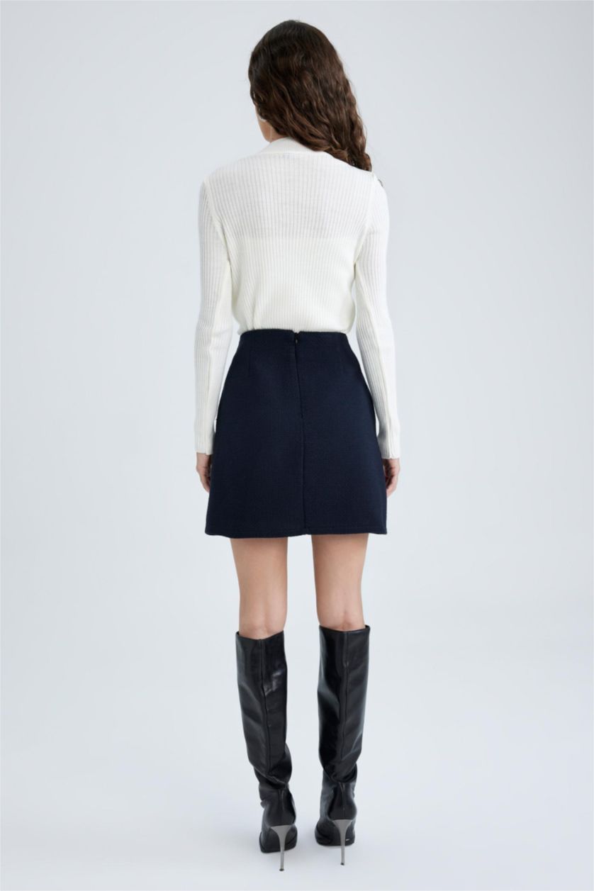 Kadın Lacivert A Kesim Normal Bel Astarlı Tweed Mini Etek