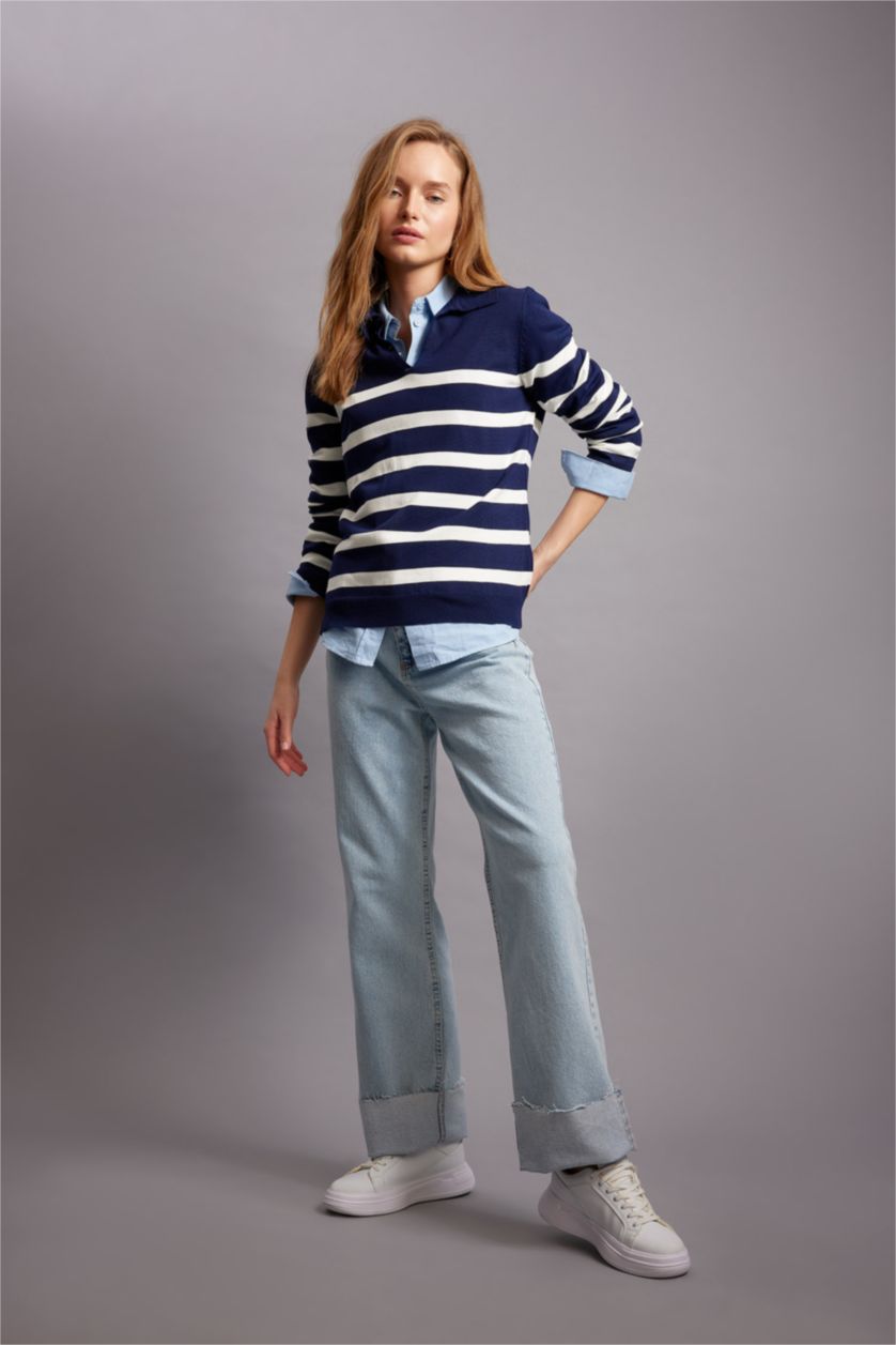 Woman NAVY Regular Fit Polo Neck Striped Knitwear Sweater