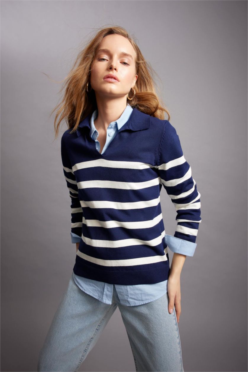 Woman NAVY Regular Fit Polo Neck Striped Knitwear Sweater