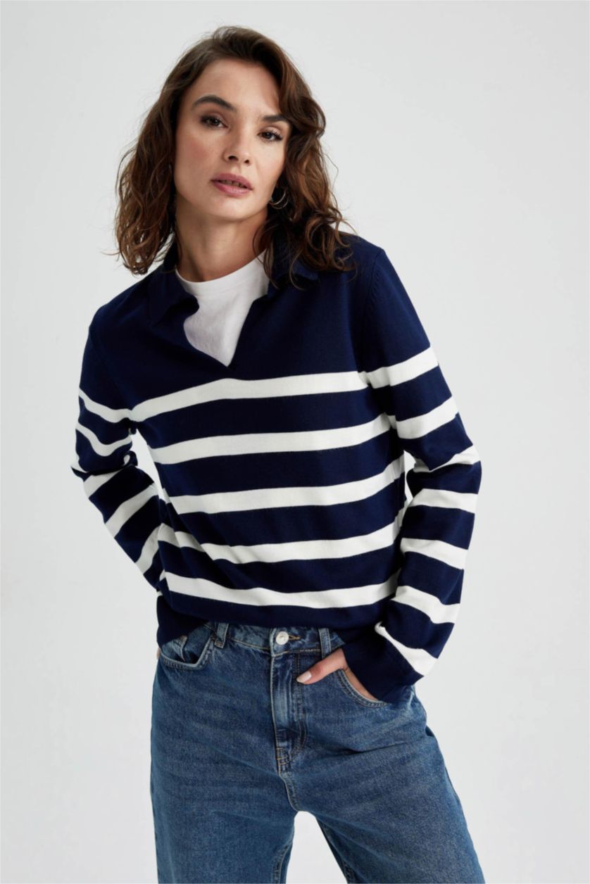 Woman NAVY Regular Fit Polo Neck Striped Knitwear Sweater