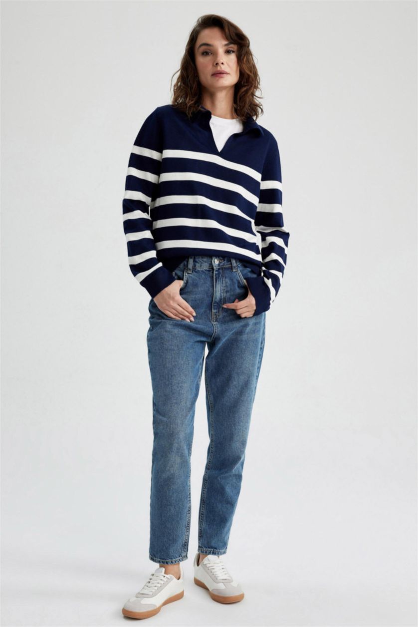Woman NAVY Regular Fit Polo Neck Striped Knitwear Sweater