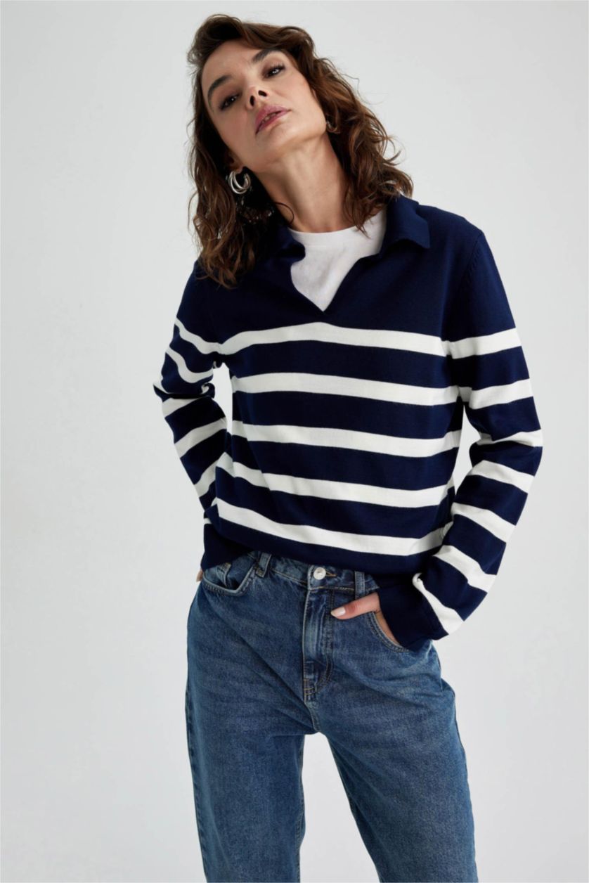 Woman NAVY Regular Fit Polo Neck Striped Knitwear Sweater