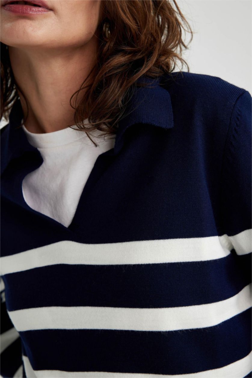 Woman NAVY Regular Fit Polo Neck Striped Knitwear Sweater
