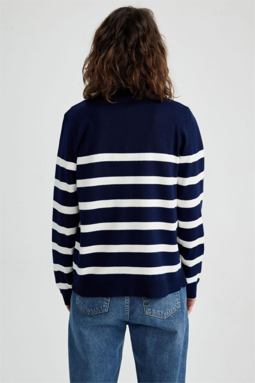 Woman NAVY Regular Fit Polo Neck Striped Knitwear Sweater