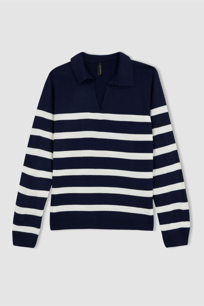 Woman NAVY Regular Fit Polo Neck Striped Knitwear Sweater