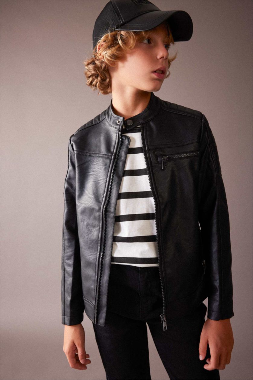 BOYS & TEENS Black جاكيت جلد صناعي جلد صناعي