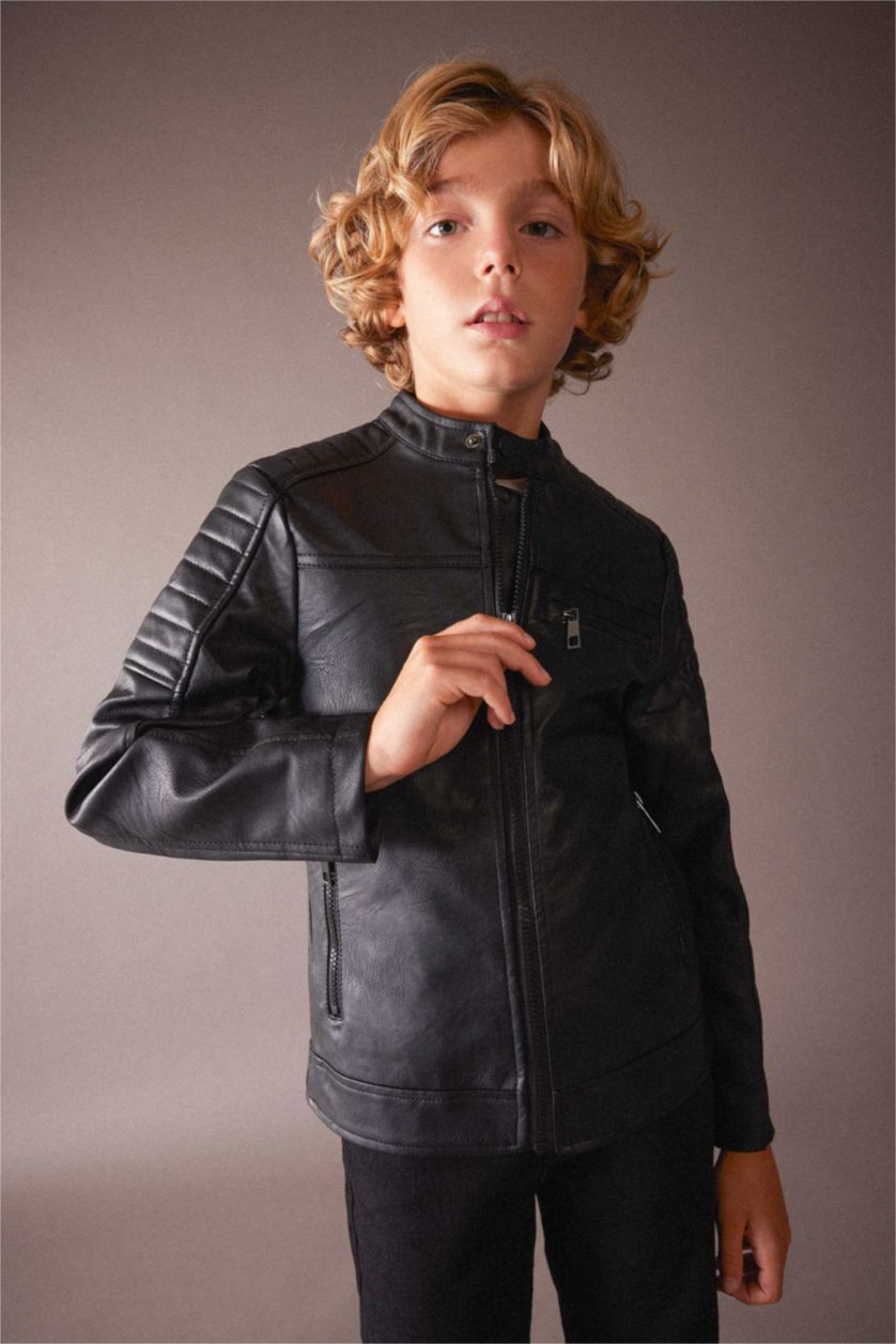 BOYS & TEENS Black جاكيت جلد صناعي جلد صناعي