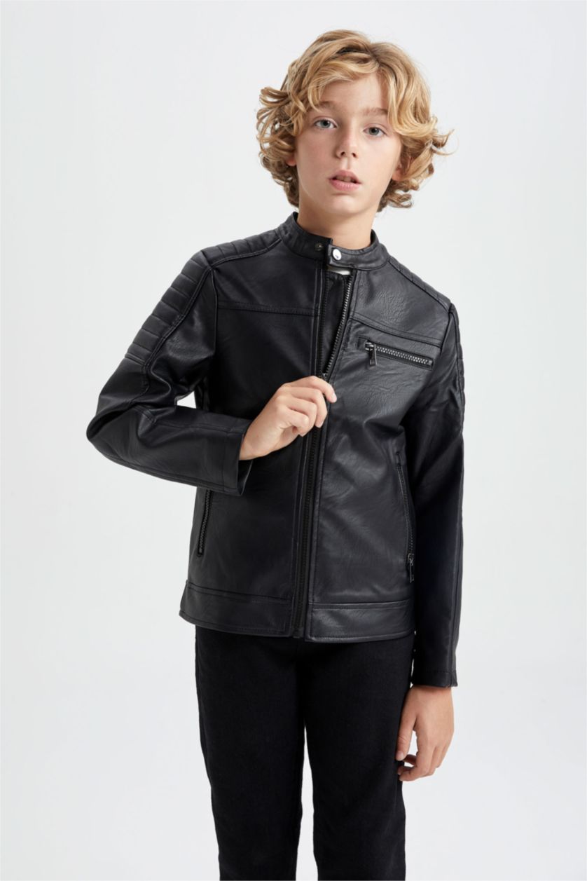 BOYS & TEENS Black جاكيت جلد صناعي جلد صناعي