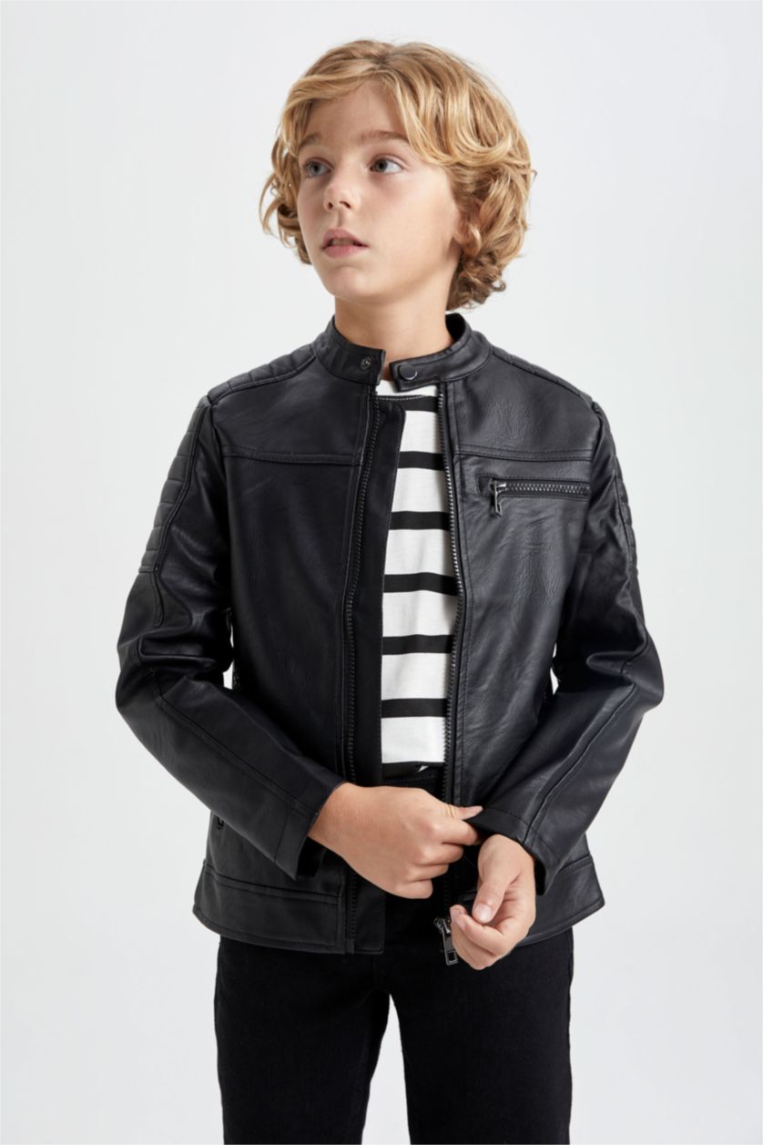 BOYS & TEENS Black جاكيت جلد صناعي جلد صناعي