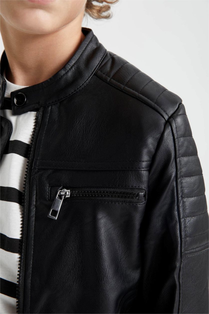 BOYS & TEENS Black جاكيت جلد صناعي جلد صناعي