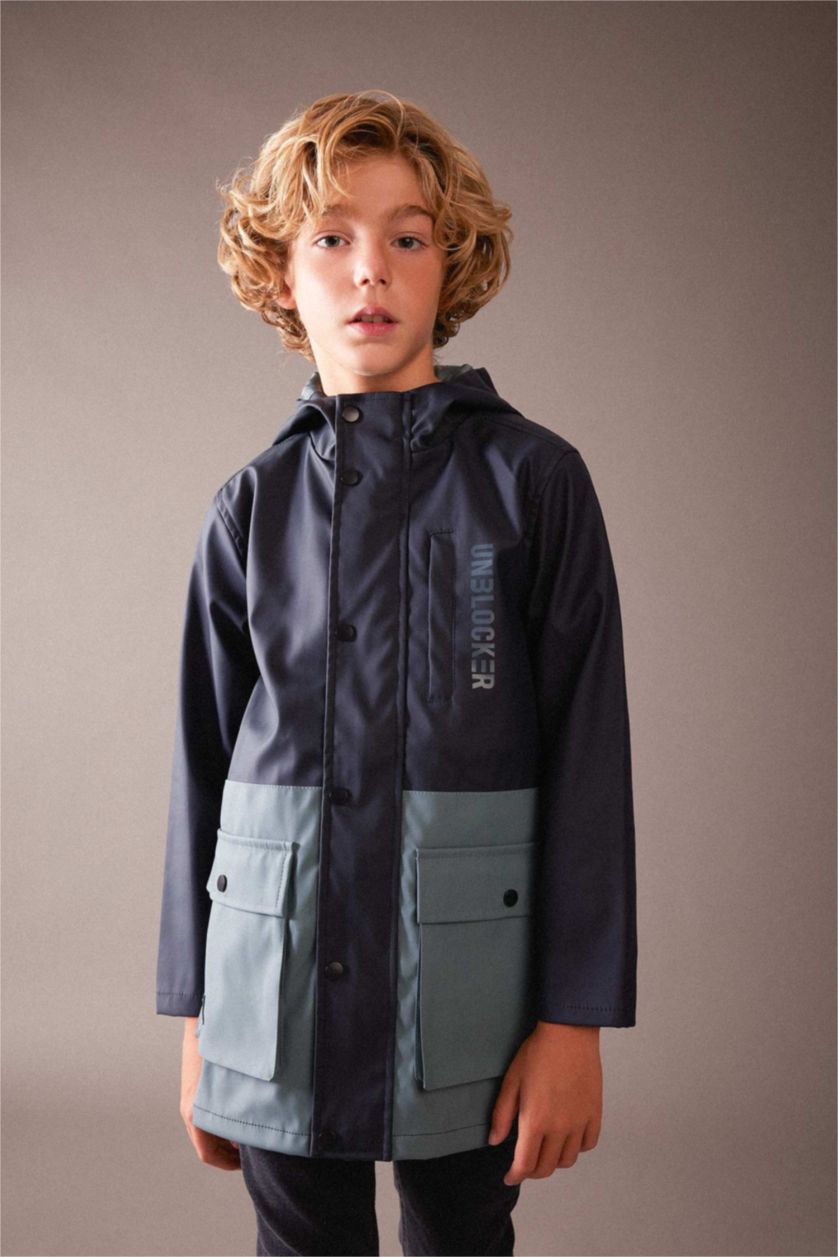 BOYS & TEENS Black Boy Water Repellent Windproof Hooded Raincoat