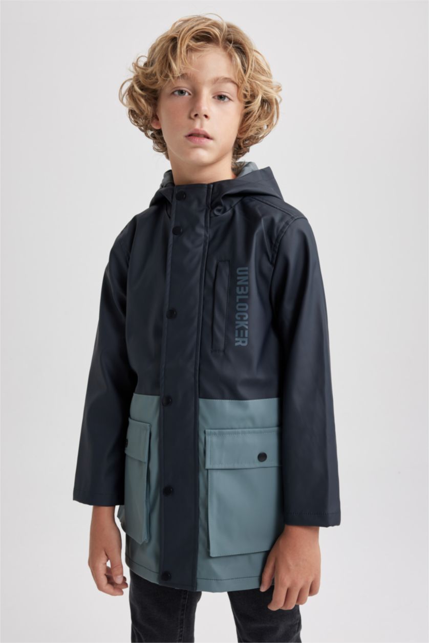 BOYS & TEENS Black Boy Water Repellent Windproof Hooded Raincoat