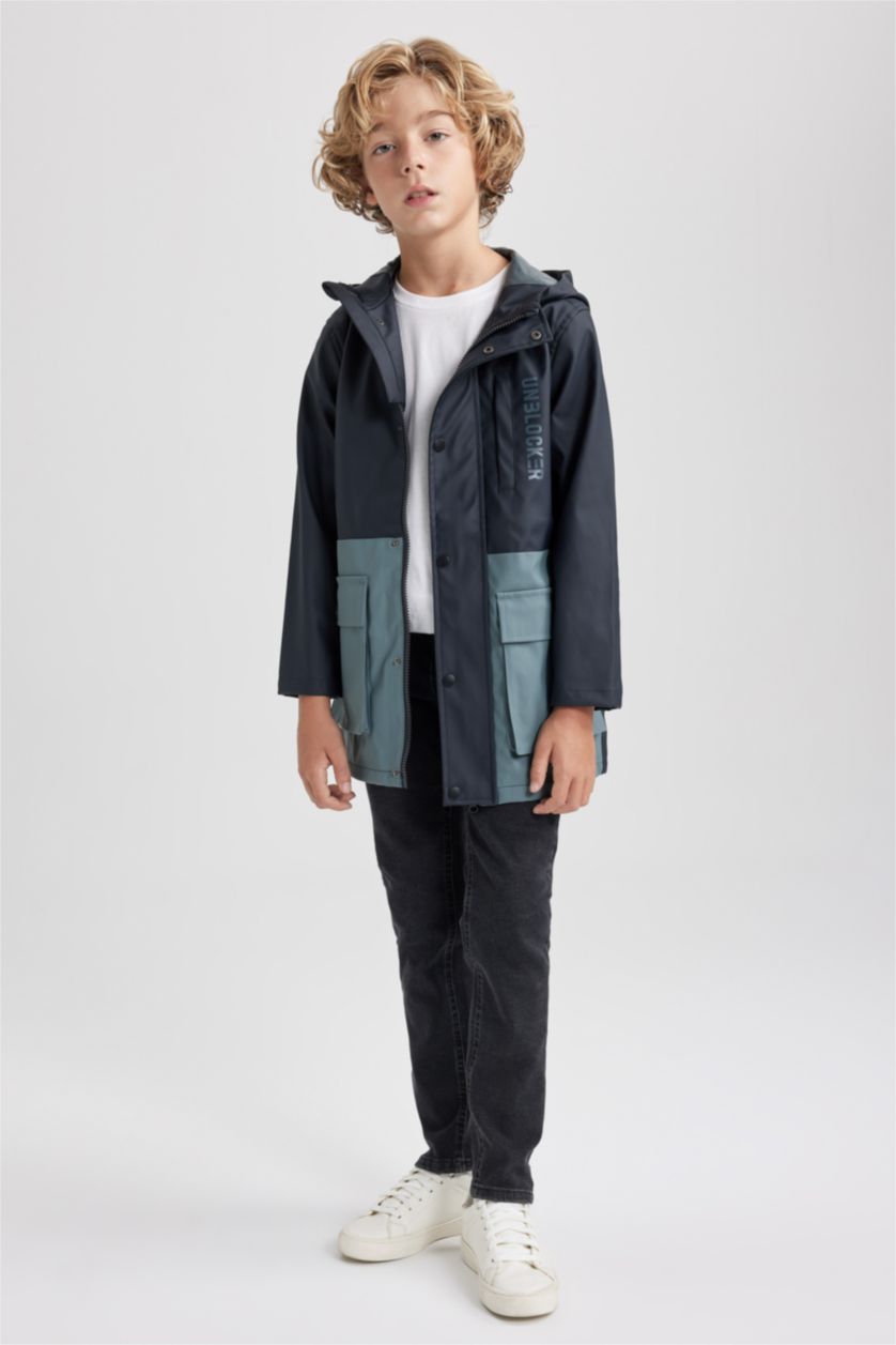 BOYS & TEENS Black Boy Water Repellent Windproof Hooded Raincoat