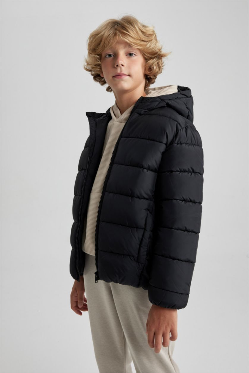 BOYS & TEENS Black Boy Hooded Water Repellent Puffer Jacket