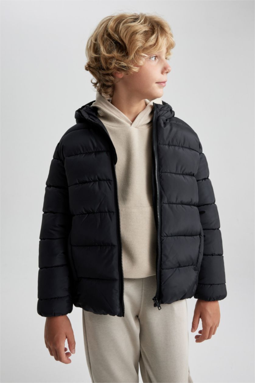 BOYS & TEENS Black Boy Hooded Water Repellent Puffer Jacket