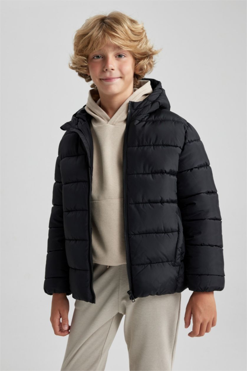 BOYS & TEENS Black Boy Hooded Water Repellent Puffer Jacket
