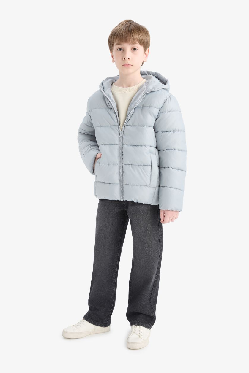 BOYS & TEENS Light Grey Boy Waterproof Hooded Zippered Puffer Jacket