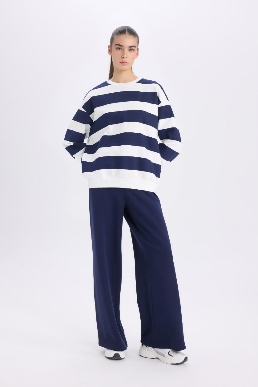 Жіночий Синій Світшот свободного крою з круглим вирізом смугастий з товстої тканини для жінок