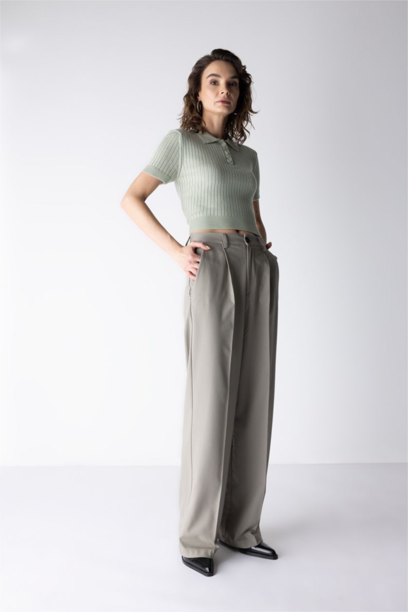 Kadın Yeşil Geniş Paça Kumaş Pantolon