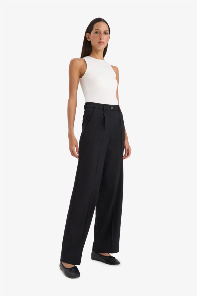 Woman Black Wide Leg Wide Leg With Pockets Trousers