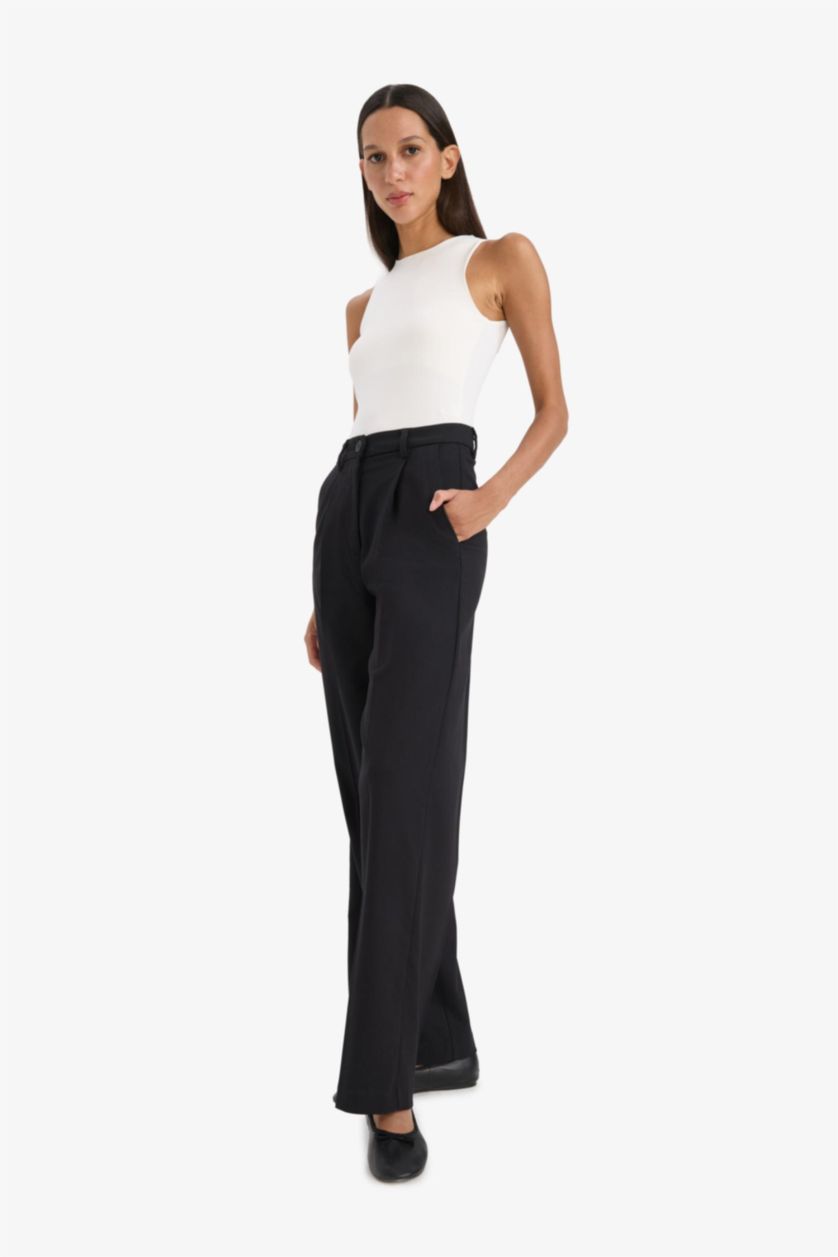 Woman Black Wide Leg Wide Leg With Pockets Trousers