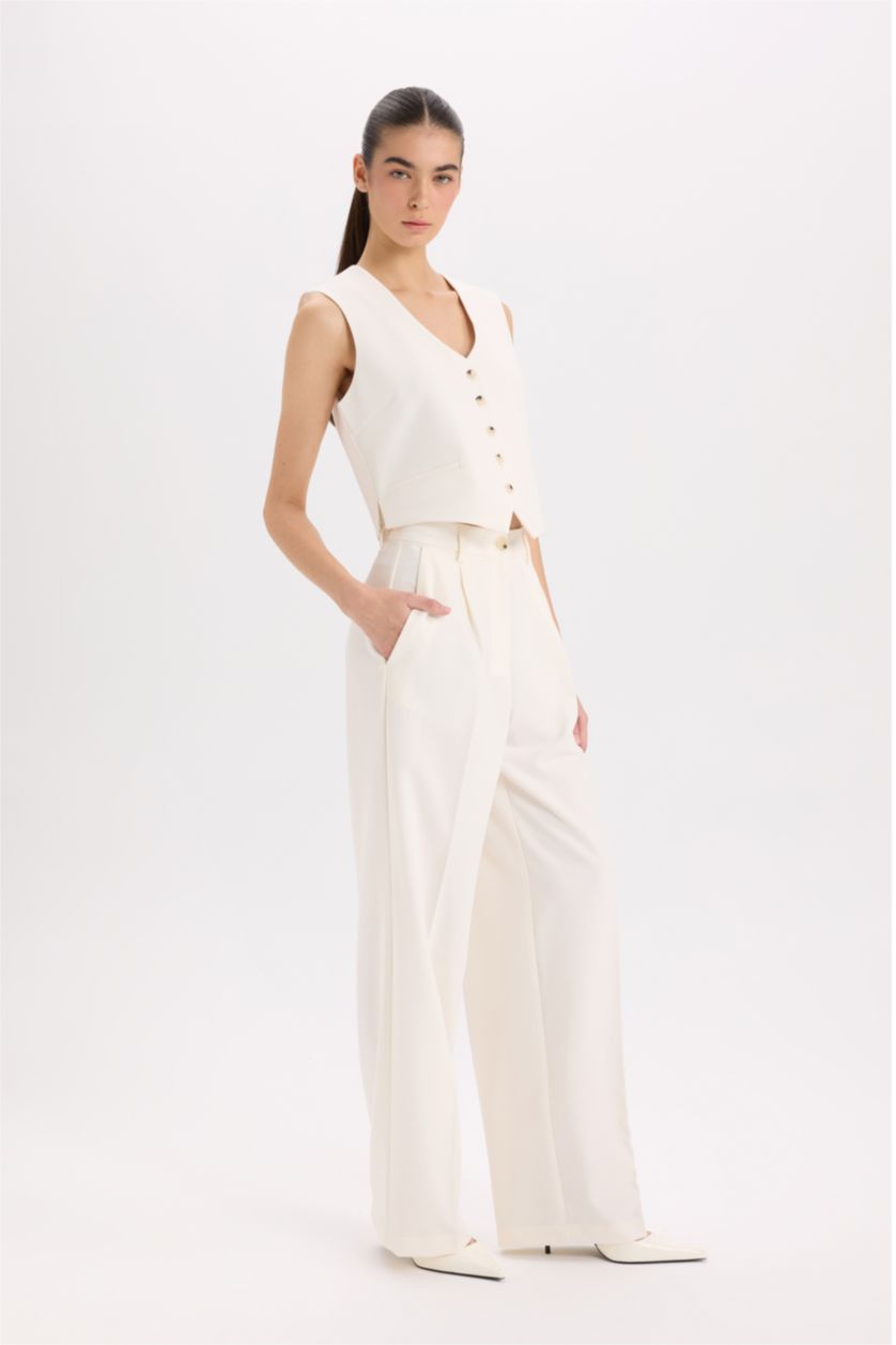 نساء بيج فاتح سروال وايد ليج وايد ليج بجيب