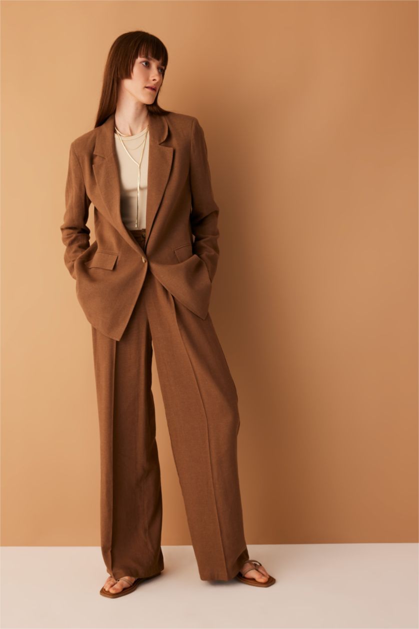 FEMME Marron Pantalon Lin Mélangé Jambes larges Ourlet large