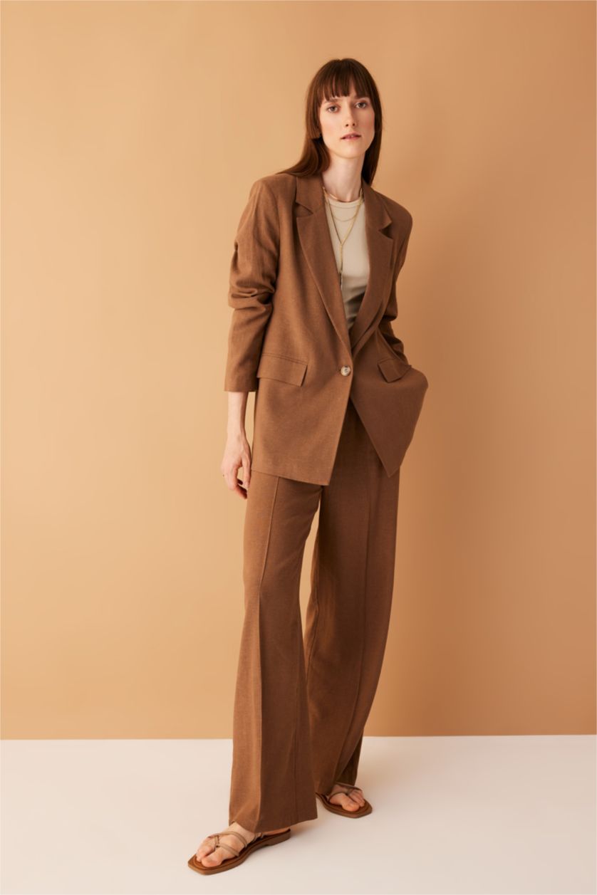 FEMME Marron Pantalon Lin Mélangé Jambes larges Ourlet large