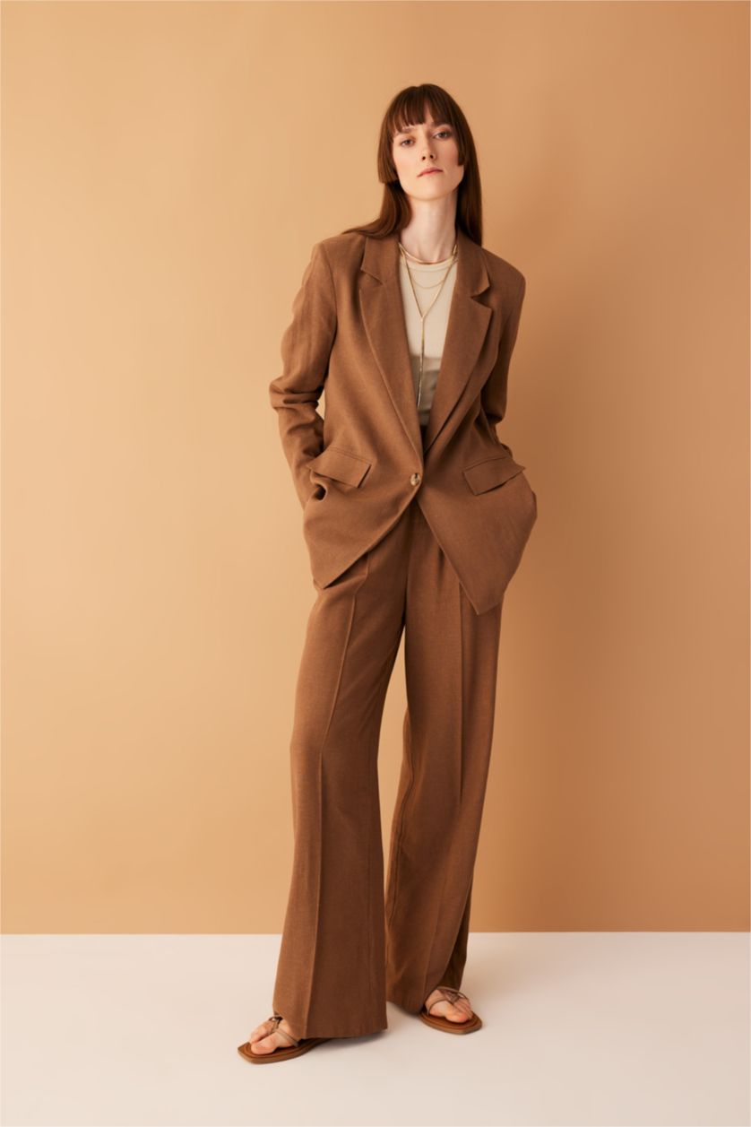 FEMME Marron Pantalon Lin Mélangé Jambes larges Ourlet large