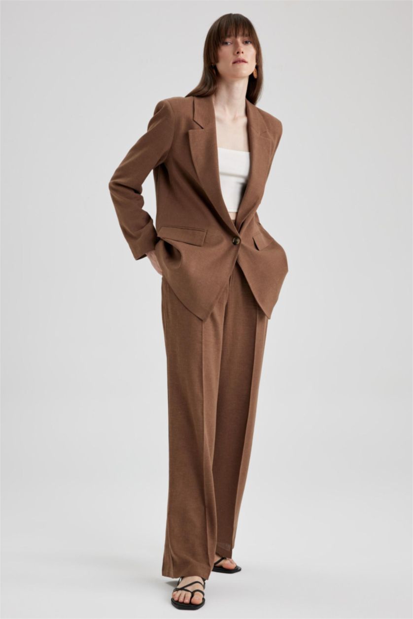 FEMME Marron Pantalon Lin Mélangé Jambes larges Ourlet large