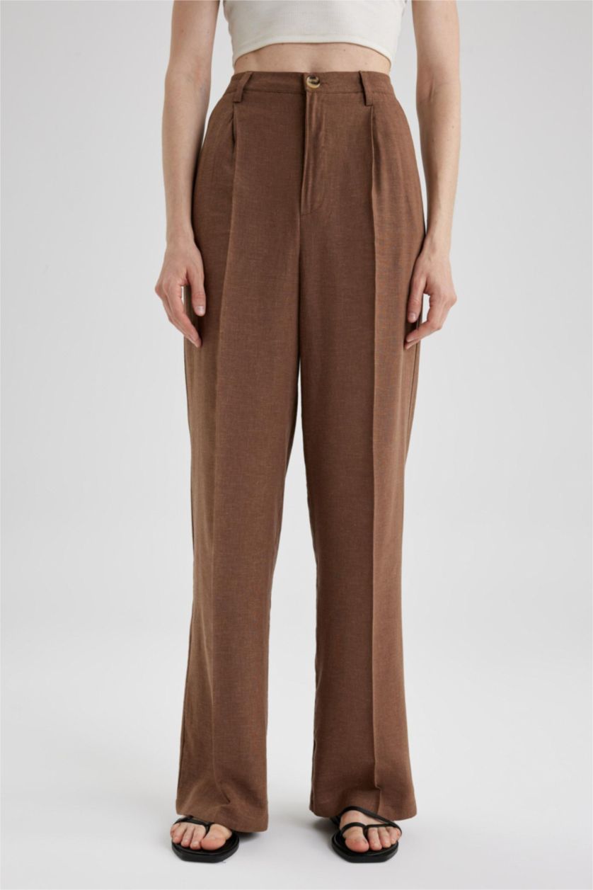 FEMME Marron Pantalon Lin Mélangé Jambes larges Ourlet large