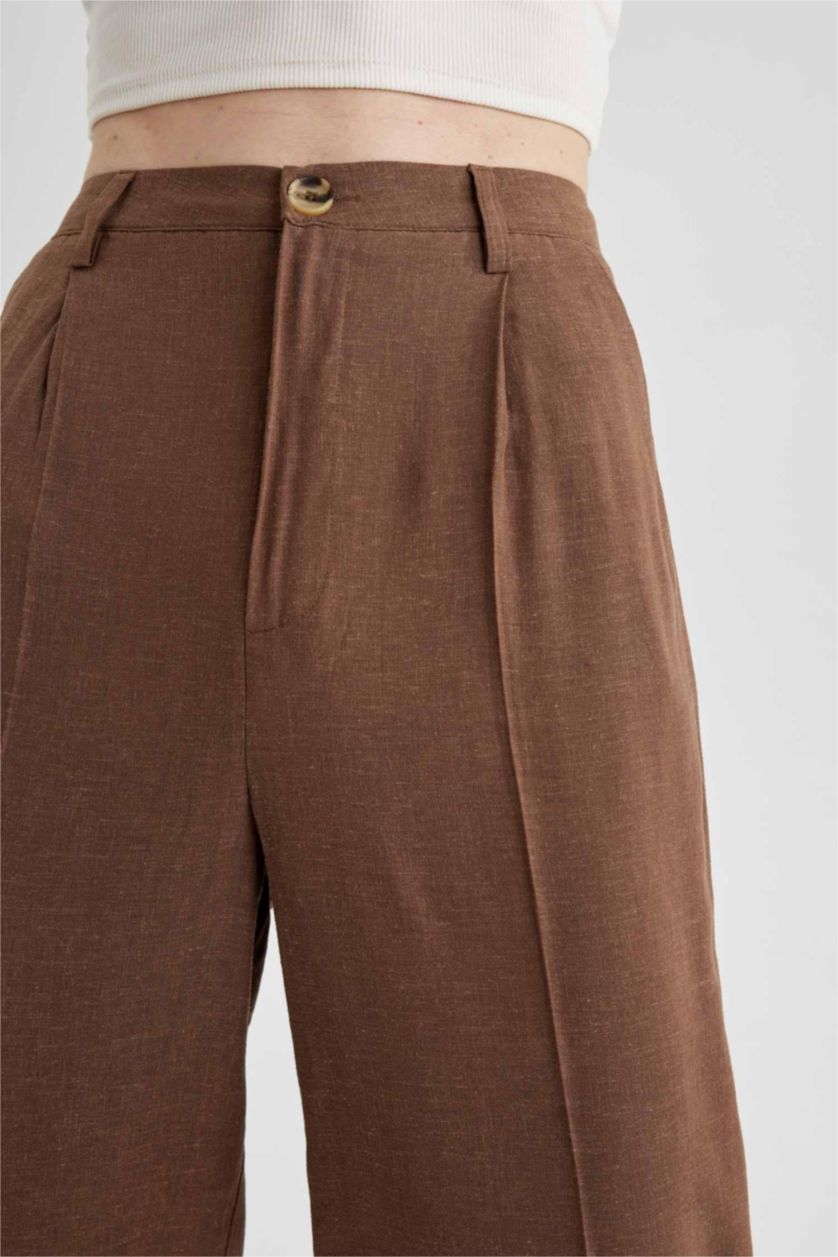 FEMME Marron Pantalon Lin Mélangé Jambes larges Ourlet large