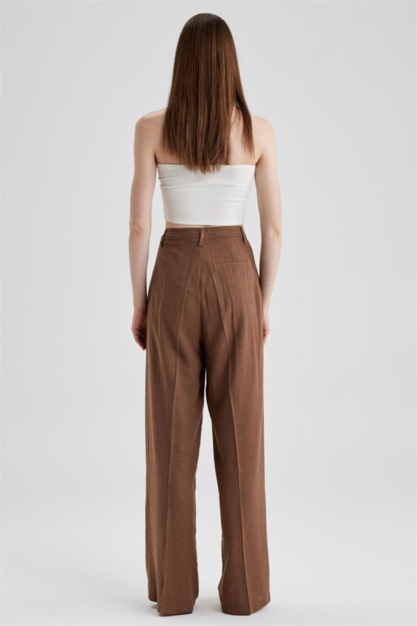 FEMME Marron Pantalon Lin Mélangé Jambes larges Ourlet large