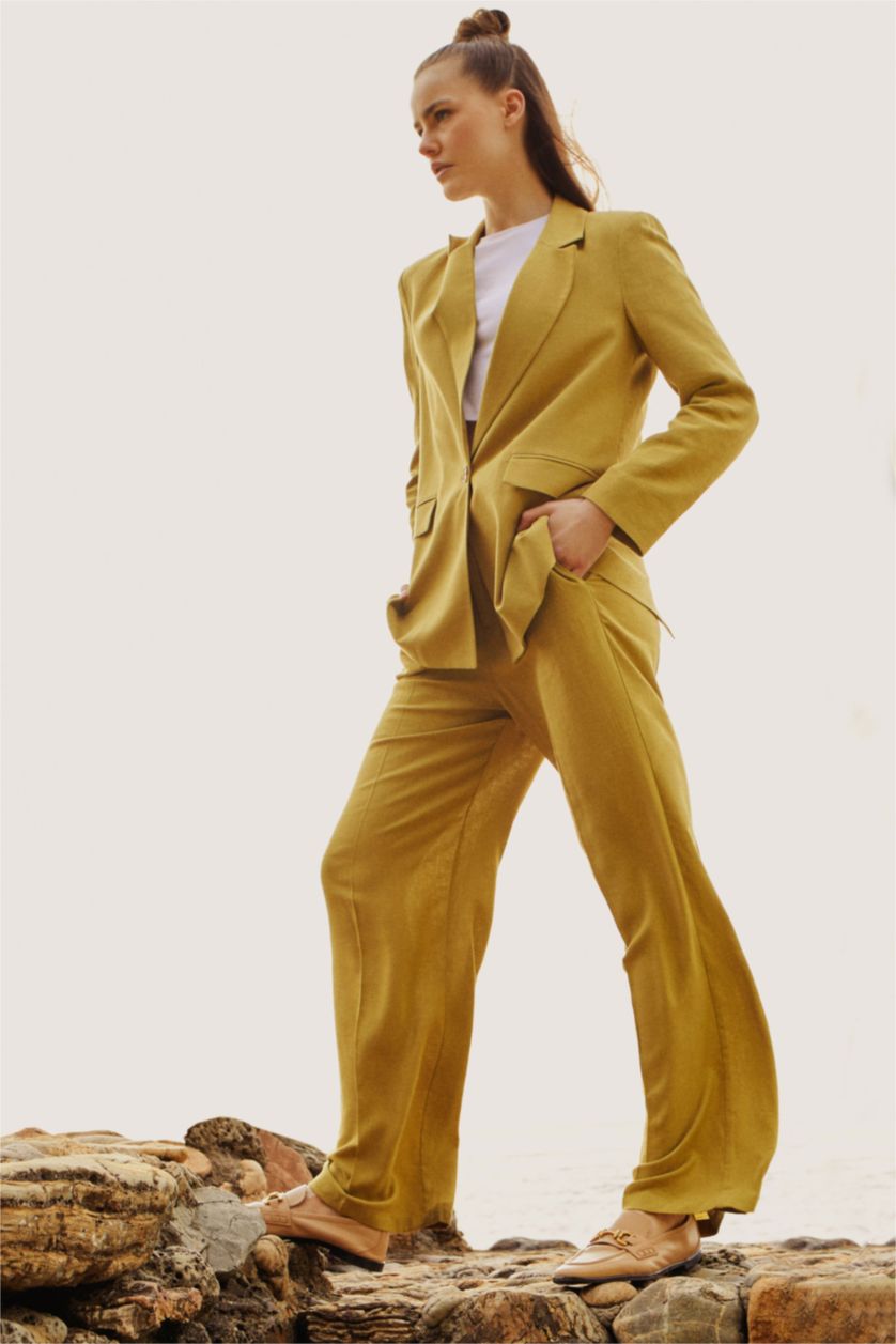 FEMME Kaki Pantalon Lin Mélangé Jambes larges Ourlet large