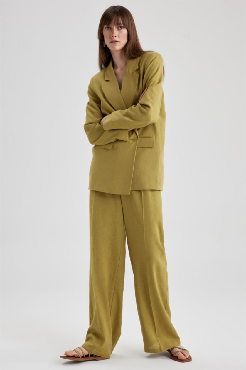 FEMME Kaki Pantalon Lin Mélangé Jambes larges Ourlet large