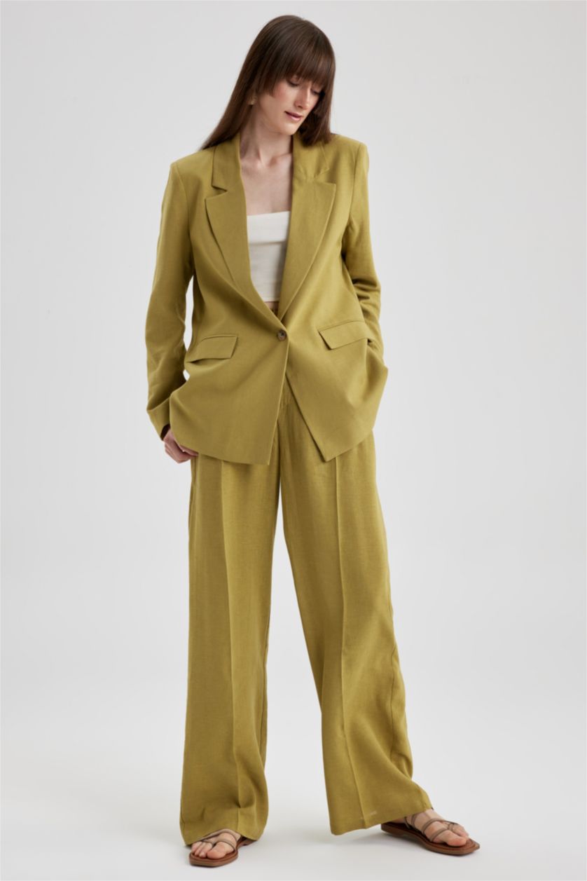 FEMME Kaki Pantalon Lin Mélangé Jambes larges Ourlet large