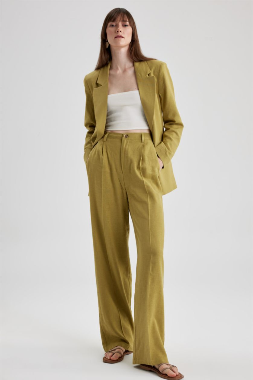 FEMME Kaki Pantalon Lin Mélangé Jambes larges Ourlet large