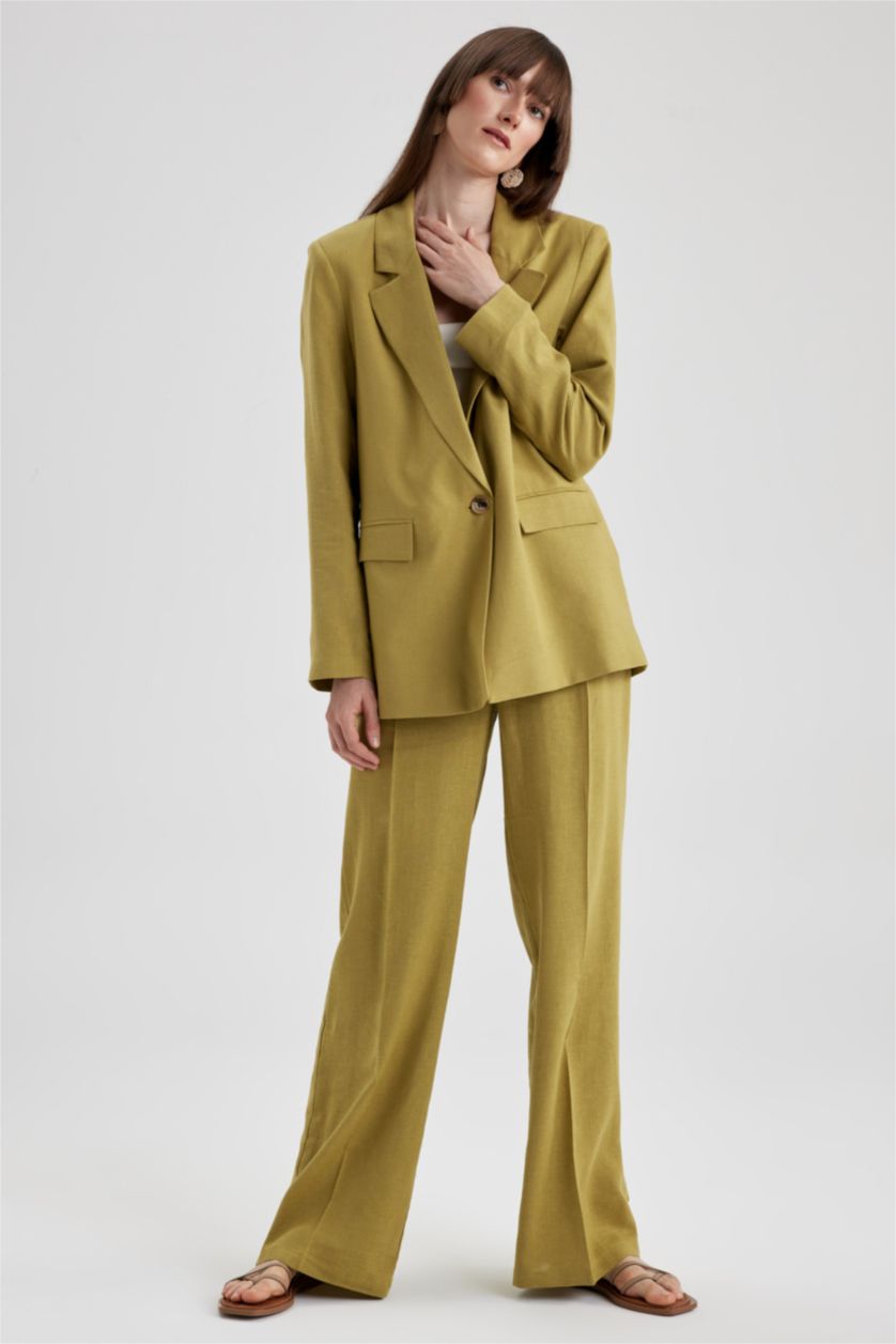 FEMME Kaki Pantalon Lin Mélangé Jambes larges Ourlet large