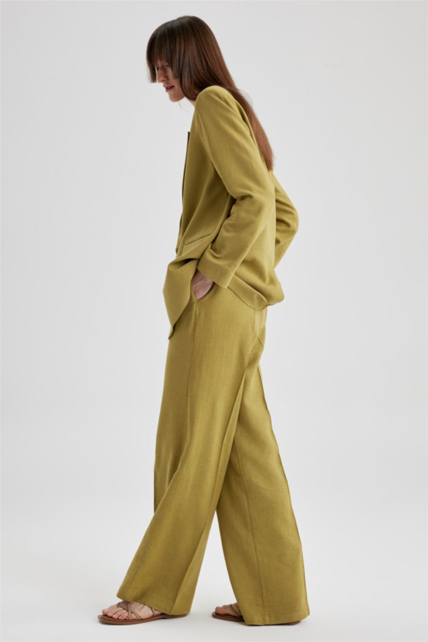 FEMME Kaki Pantalon Lin Mélangé Jambes larges Ourlet large