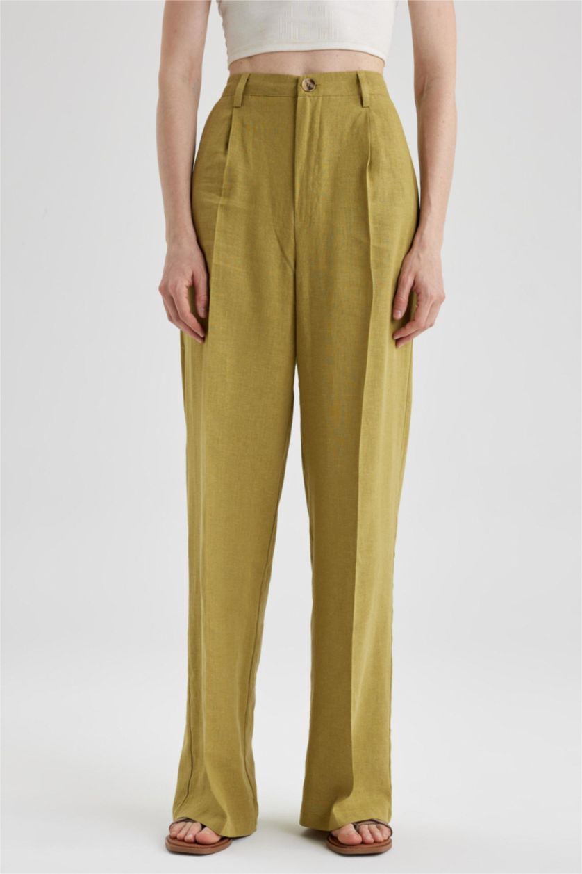 FEMME Kaki Pantalon Lin Mélangé Jambes larges Ourlet large