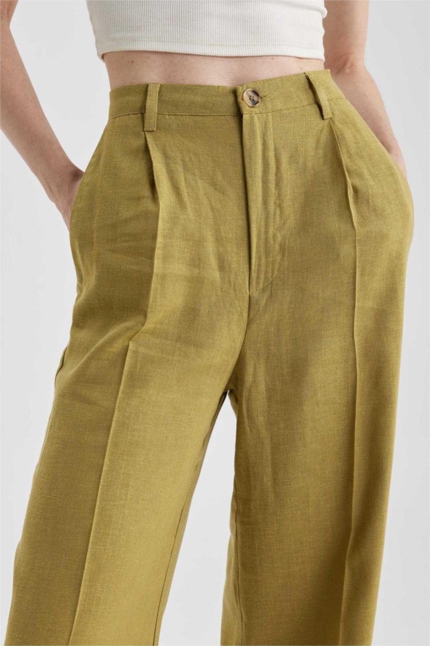 FEMME Kaki Pantalon Lin Mélangé Jambes larges Ourlet large