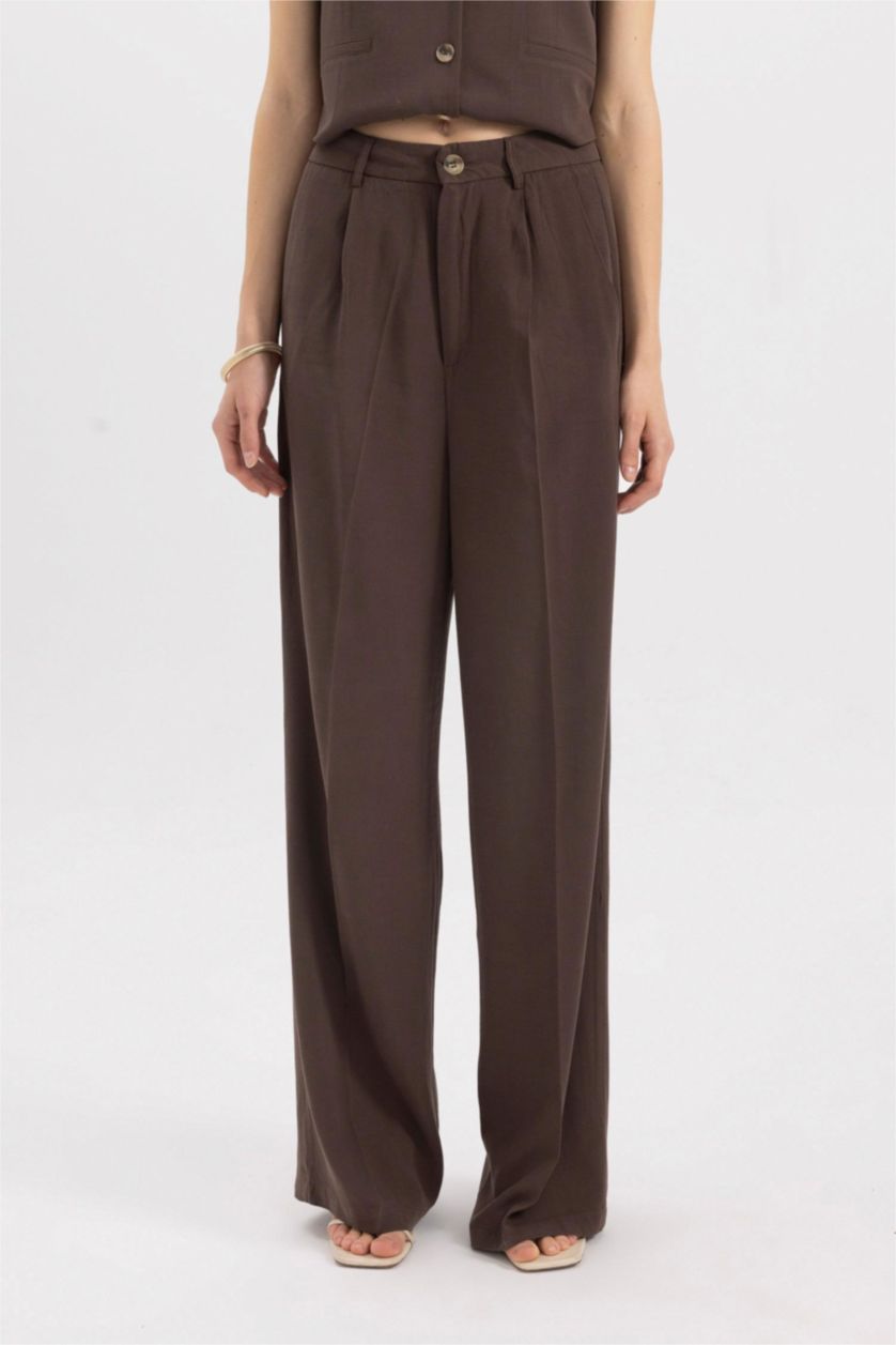 WOMAN Brown High Waist Wide Leg Darted Linen Blend Trousers